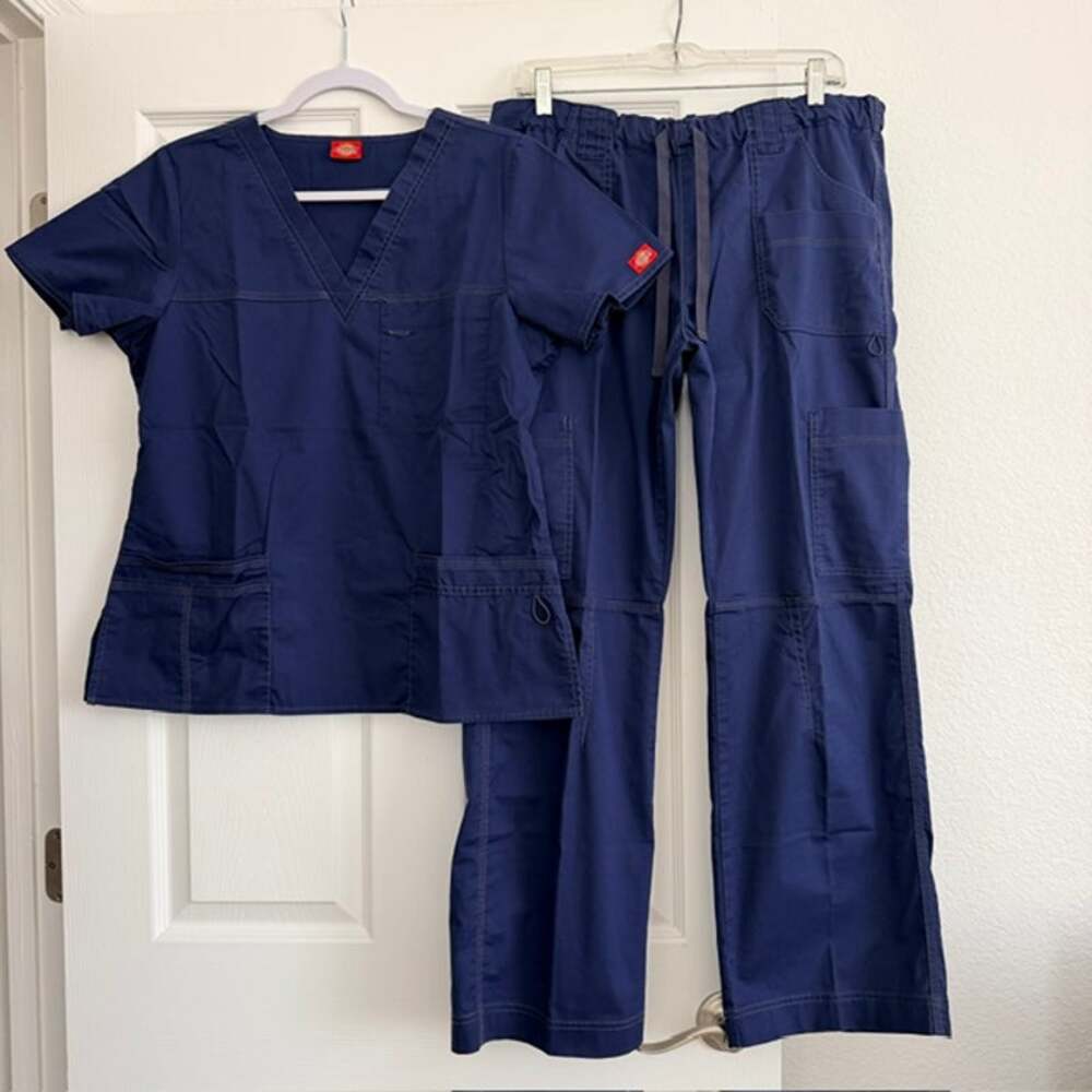 Dickies Scrub Set Navy Blue Drawstring Pockets Medical Women Large Top & Bottom